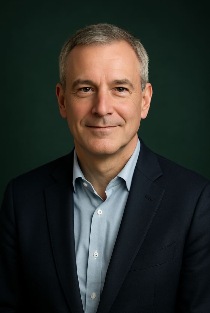 Portrait d'Antoine Delmas, fond vert sapin.