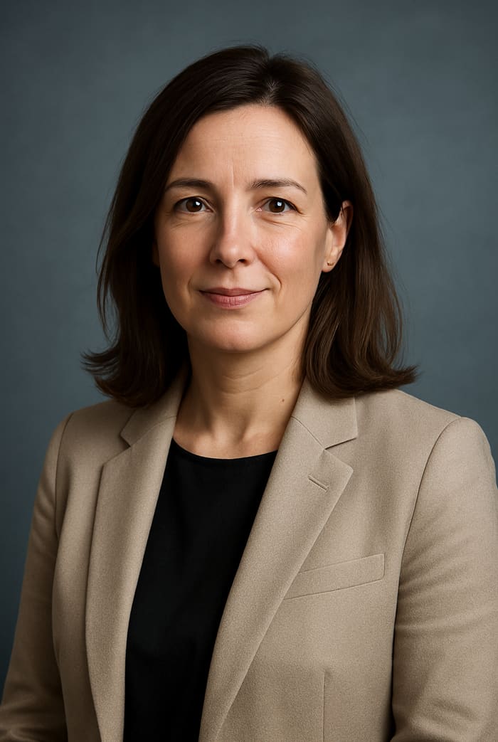 Portrait d'Inès Carvalho, fond bleu-gris.